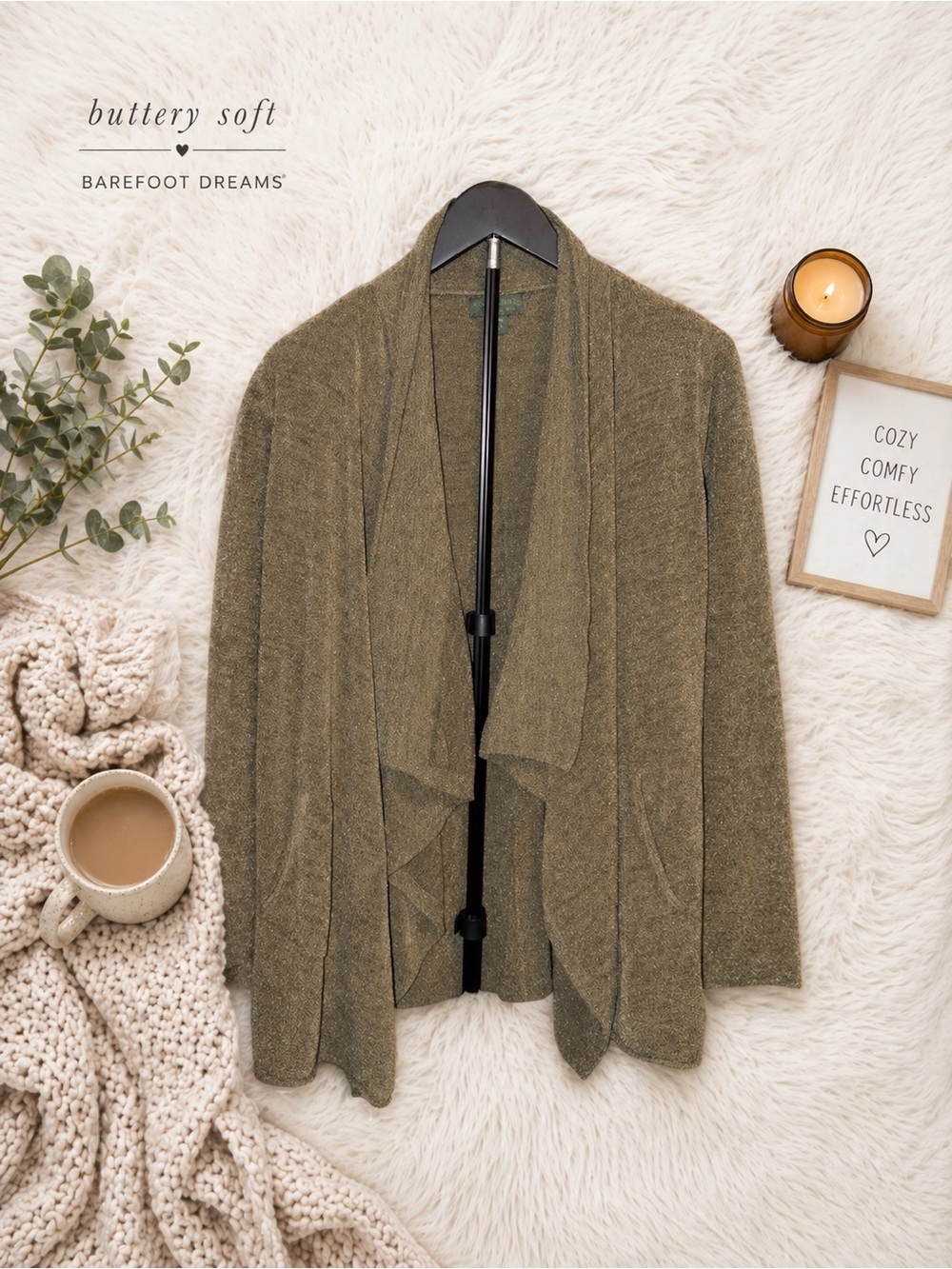 Barefoot Dreams CozyChic Olive Draped Cardigan S/M Ultra Soft Lounge Luxury EUC